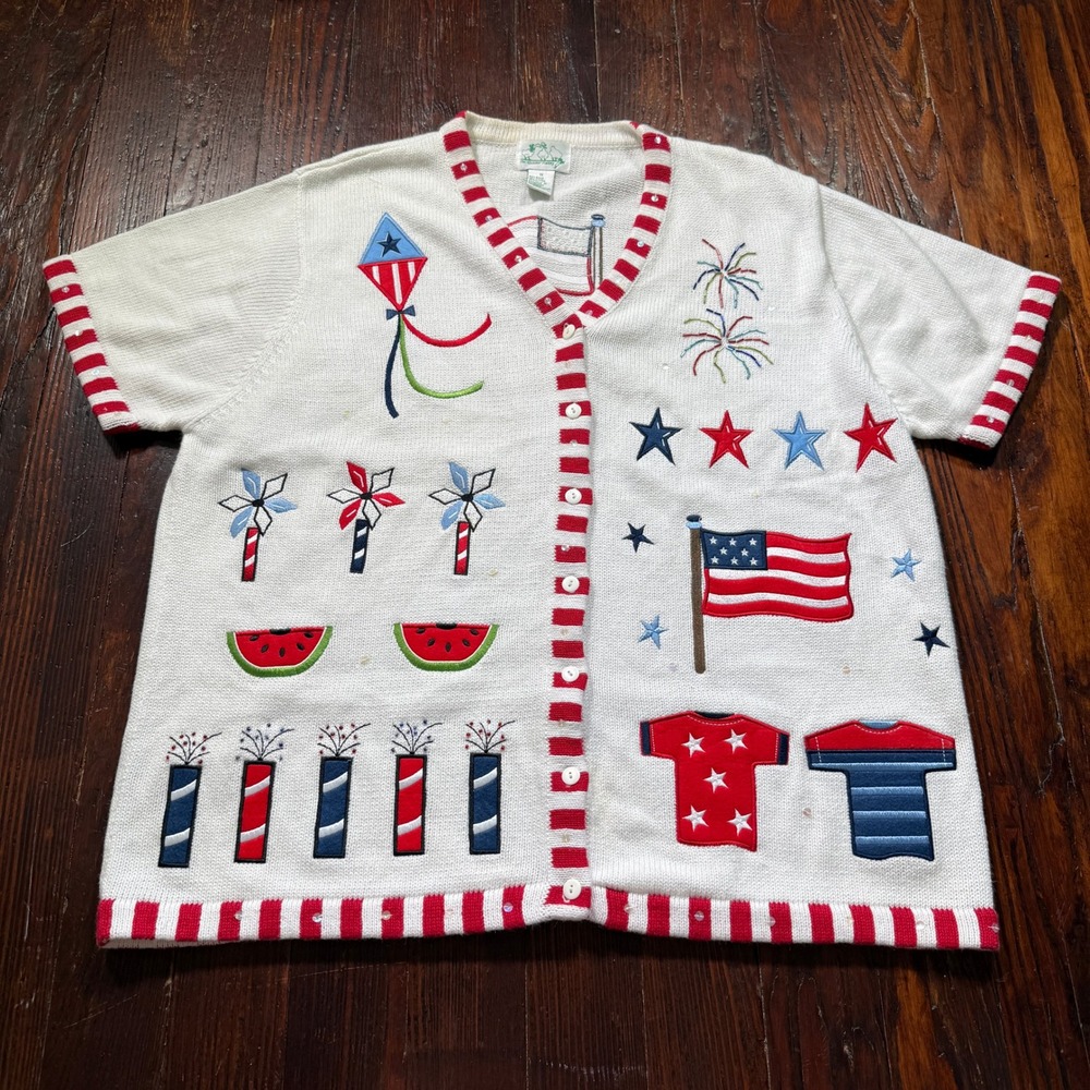 Quacker Factory Cardigan Sweater Womens 1X White Patriotic Embroidered Beaded
